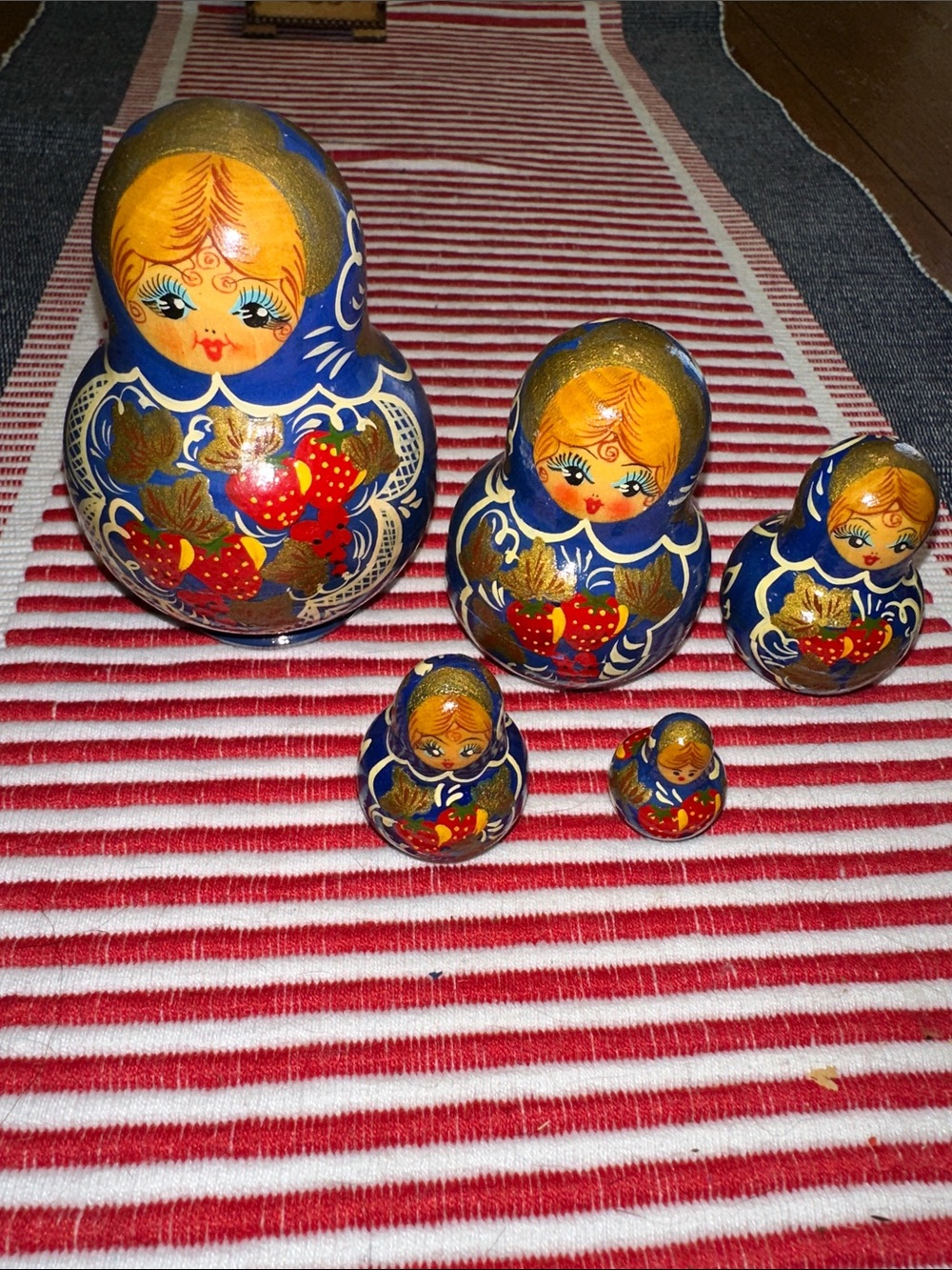 Hand-Painted Russian Nesting Dolls Matryoshka Set of 5 - Blue with Gold & Red